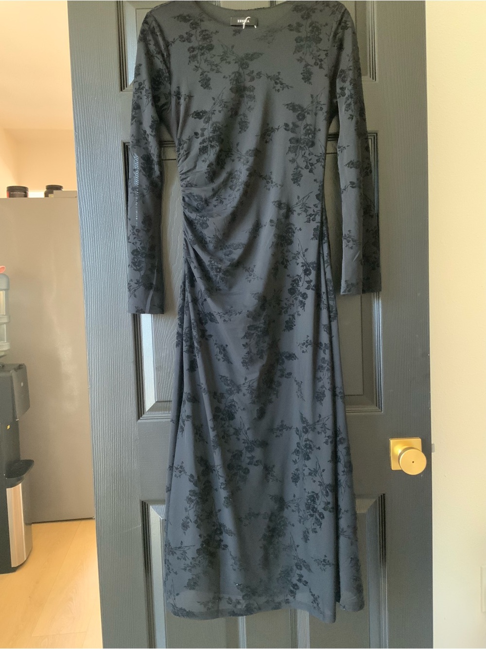 Long-Sleeve Black Floral Ruched Midi Dress